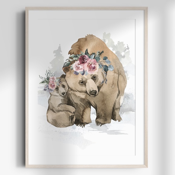 Other - Watercolor Mama and Baby Bear Portrait Wall Art Illustration Print Unframed